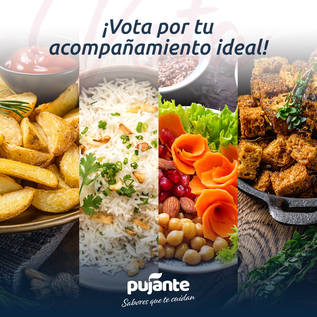 ¿Cuál eliges?
🥔 Patatas fritas
🍚 Arroz
🥗 Ensalada fresca
🍞 Pan crujiente
Tu voto nos inspira… ¡y también abre el apetito! 😋

#EncuestaPujante #EligeTuFavorito #PolloPujante #SaboresQueTeCuidan