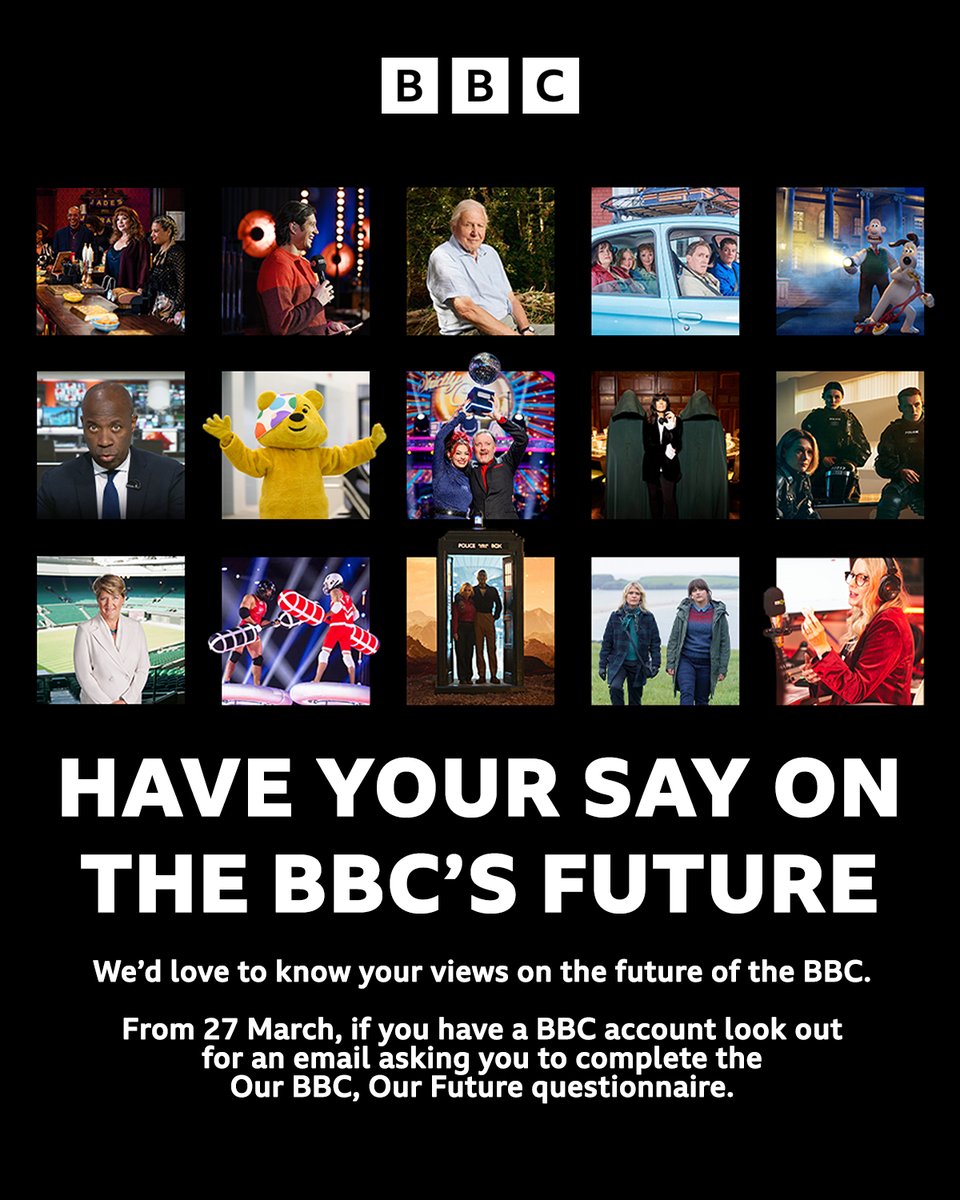 Our BBC, Our future.

Your opportunity to have your say about the future of the BBC is on its way to your email inbox. Keep your eyes peeled 👀