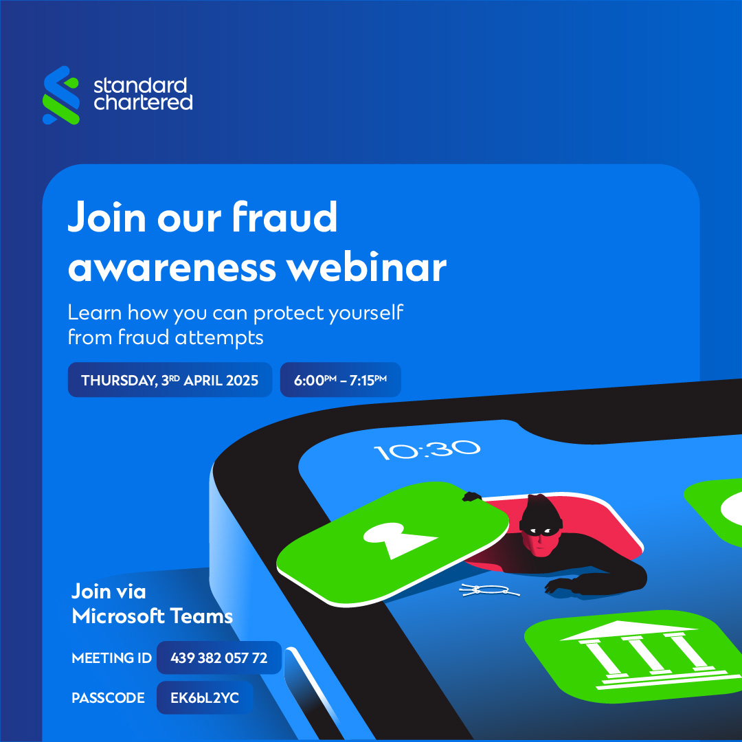 StanChartKE's tweet photo. Fraudsters keep devising new ways to scam their way into your hard-earned money. Join our fraud awareness webinar next week on Thursday, April 3rd 2025 to learn more about these new fraud types and how you can spot and protect yourself. https://t.co/akktSYeCZy