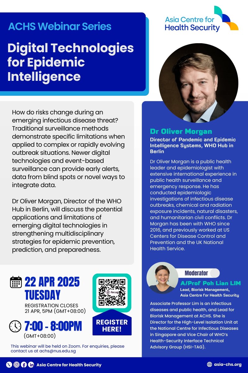 Asia Centre for Health Security (@asia_chs) on Twitter photo Registration for the upcoming ACHS Webinar titled, “Digital Technologies for Epidemic Intelligence” starts today! Join us for the webinar presented by Dr <a href="/OWMorgan/">Oliver Morgan</a> on 22 April at 7:00PM (GMT +08:00).
Learn more: asia-chs.org/webinar/achs-w…
#ACHS #ACHSWebinarSeries Registration for the upcoming ACHS Webinar titled, “Digital Technologies for Epidemic Intelligence” starts today! Join us for the webinar presented by Dr <a href="/OWMorgan/">Oliver Morgan</a> on 22 April at 7:00PM (GMT +08:00).
Learn more: asia-chs.org/webinar/achs-w…
#ACHS #ACHSWebinarSeries
