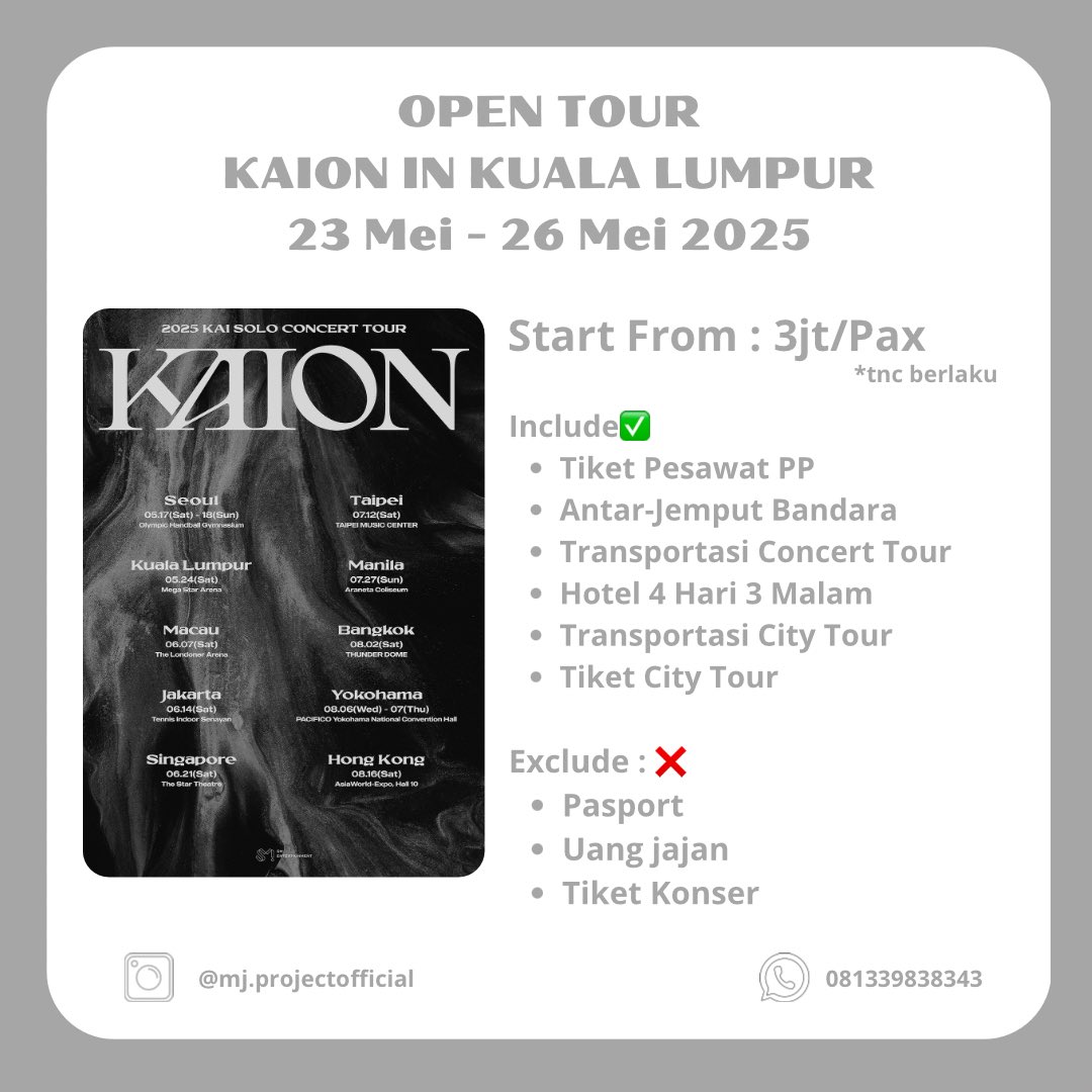 mjproject_real's tweet photo. 🐻 Open Tour KaiOn in Kuala Lumpur 🐻

Include: City Tour, Pickup Airport, Hotel + Breakfast, Venue Transport
Slot Avaliable : ❌❌✅✅✅✅✅✅

More information bisa DM atau hubungi CP
Kami juga membuka jastip tiket konser

Ig : @mj.projectofficial
Wa : 081339838343 (Mj) https://t.co/lfwJywmEbm