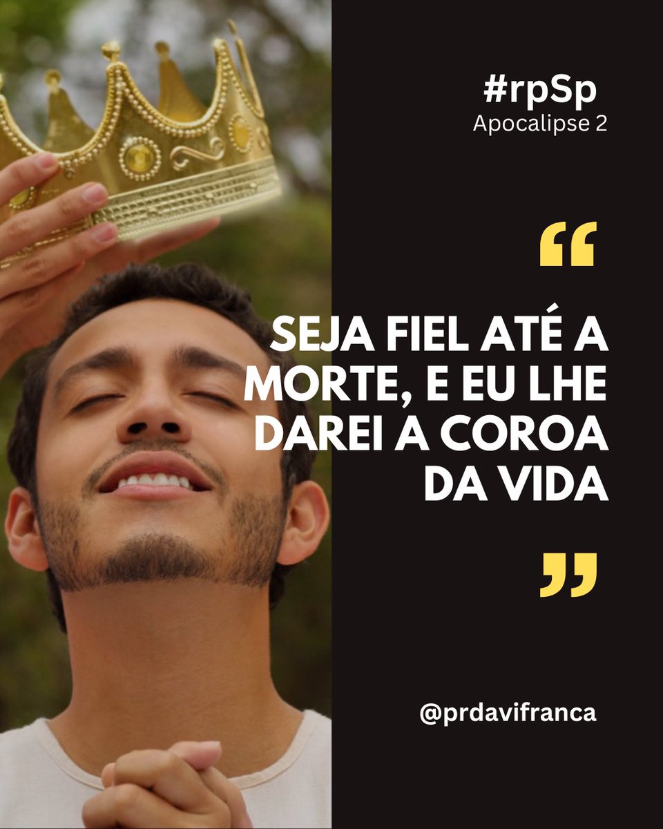 Davi França (@prdavifranca) on Twitter photo #rpSp | Apocalipse 2
Jesus promete a coroa da vida a quem for fiel até a morte. Não troque a felicidade eterna pela alegria passageira!
#Fé #esperança #EuVou #Bíblia #Jesus <a href="/iasd/">Adventistas Brasil</a> <a href="/AdventistasBaSe/">Adventistas Bahia Sergipe</a> #rpSp | Apocalipse 2
Jesus promete a coroa da vida a quem for fiel até a morte. Não troque a felicidade eterna pela alegria passageira!
#Fé #esperança #EuVou #Bíblia #Jesus <a href="/iasd/">Adventistas Brasil</a> <a href="/AdventistasBaSe/">Adventistas Bahia Sergipe</a>