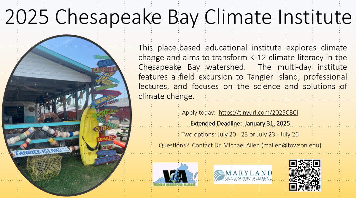 Erin Kowalevicz, NBCT (@mrskowalevicz) on Twitter photo Continuing to line up summer PD - can’t wait to boost my climate literacy through expert lectures, a Tangier Island field trip, & engaging in the geo-inquiry process during the Chesapeake Bay Climate Institute w/ <a href="/VAGeogAlliance/">Virginia Geographic</a> & <a href="/mga_towson/">Maryland Geographic Alliance</a>! <a href="/RandolphStars/">Randolph ES</a> @APSscience Continuing to line up summer PD - can’t wait to boost my climate literacy through expert lectures, a Tangier Island field trip, & engaging in the geo-inquiry process during the Chesapeake Bay Climate Institute w/ <a href="/VAGeogAlliance/">Virginia Geographic</a> & <a href="/mga_towson/">Maryland Geographic Alliance</a>! <a href="/RandolphStars/">Randolph ES</a> @APSscience