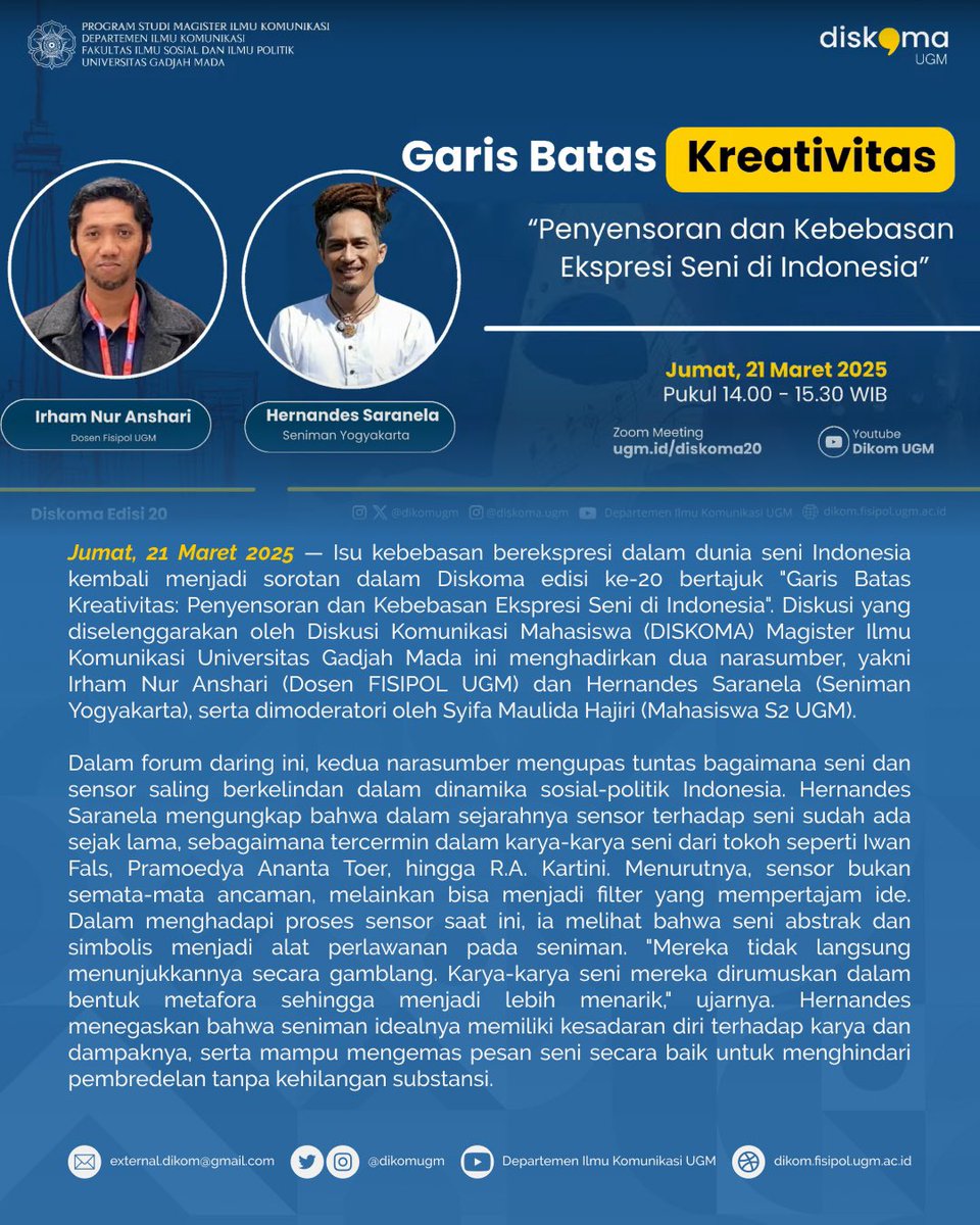 dikomugm's tweet image. Halo sobat Dikom! 🤩

beberapa waktu lalu Diskoma UGM mengadakan forum diskusi dengan tema Garis Batas Kreativitas: Penyensoran Kebebasan Ekspresi Seni di Indonesia 

berikut adalah siaran persnya! 😍

#dikomugm 
#fisipolugm
#ugmyogyakarta