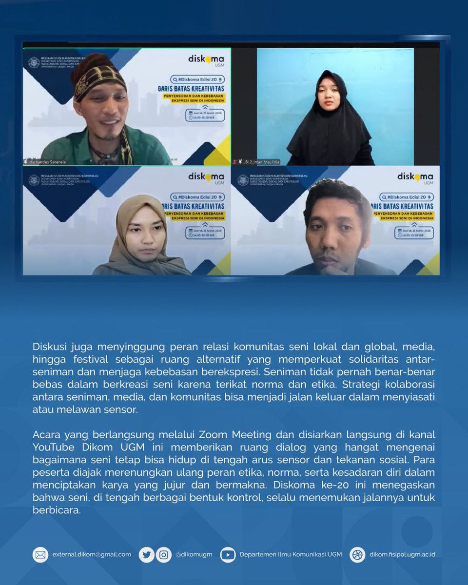 dikomugm's tweet image. Halo sobat Dikom! 🤩

beberapa waktu lalu Diskoma UGM mengadakan forum diskusi dengan tema Garis Batas Kreativitas: Penyensoran Kebebasan Ekspresi Seni di Indonesia 

berikut adalah siaran persnya! 😍

#dikomugm 
#fisipolugm
#ugmyogyakarta