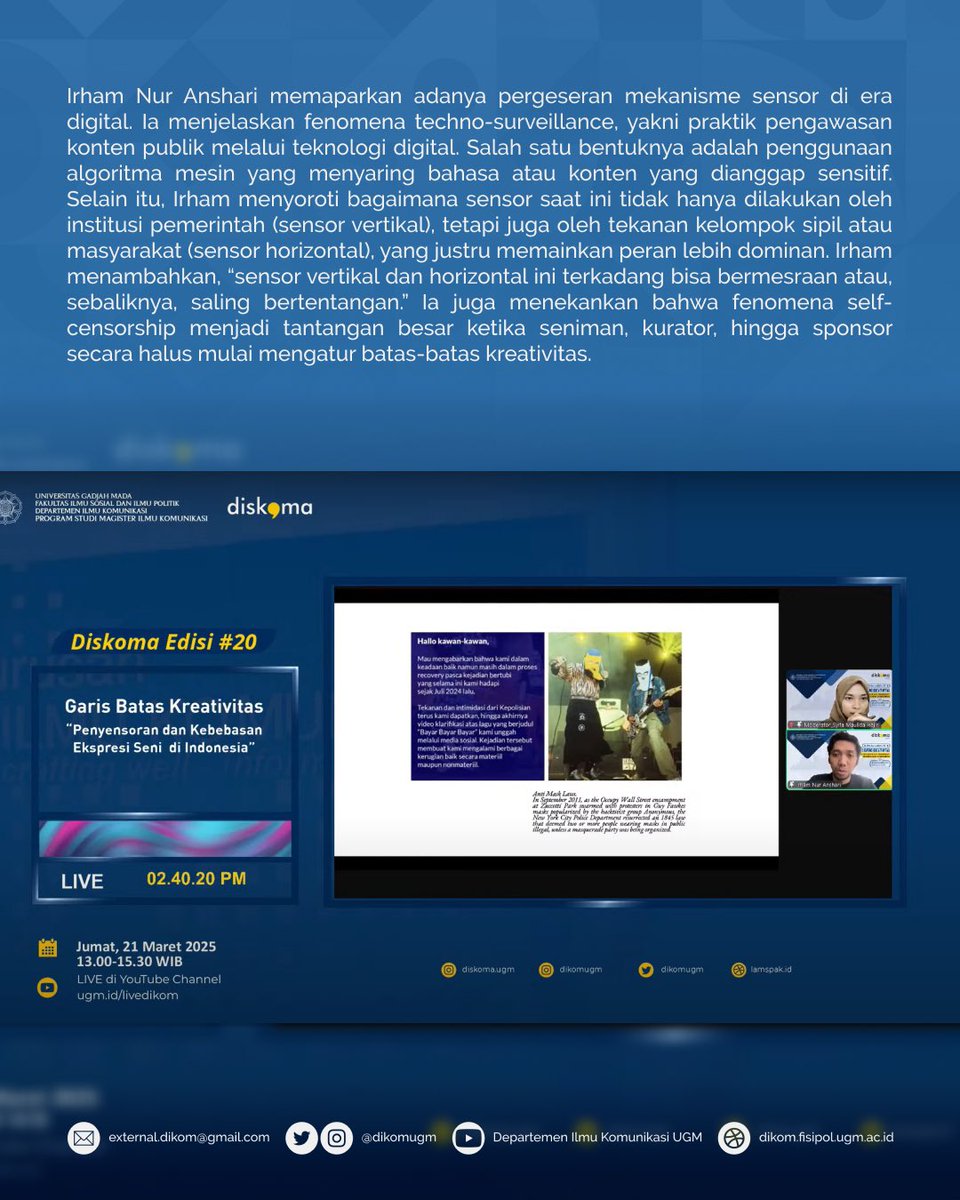dikomugm's tweet image. Halo sobat Dikom! 🤩

beberapa waktu lalu Diskoma UGM mengadakan forum diskusi dengan tema Garis Batas Kreativitas: Penyensoran Kebebasan Ekspresi Seni di Indonesia 

berikut adalah siaran persnya! 😍

#dikomugm 
#fisipolugm
#ugmyogyakarta