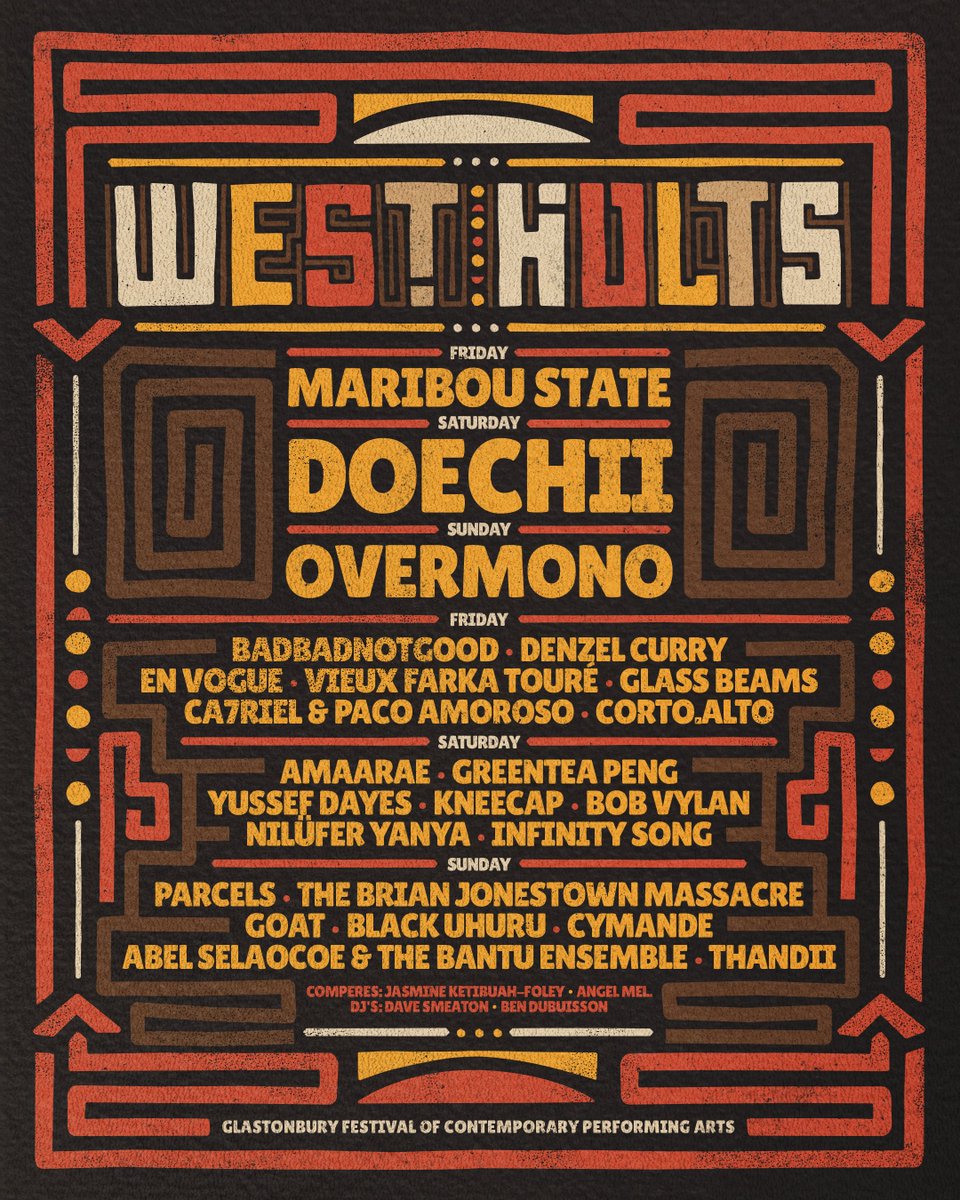 Glastonbury Festival (@glastonbury) on Twitter photo We're excited to reveal the <a href="/WestHoltsGlasto/">West Holts Stage</a> line-up poster for Glastonbury 2025, bringing you a multinational selection of artists spanning hip hop, soul, dance, reggae, Afro, psyche & jazz
â
FRIDAY
MARIBOU STATE
BADBADNOTGOOD
DENZEL CURRY
EN VOGUE
VIEUX FARKA TOURĂ
GLASS We're excited to reveal the <a href="/WestHoltsGlasto/">West Holts Stage</a> line-up poster for Glastonbury 2025, bringing you a multinational selection of artists spanning hip hop, soul, dance, reggae, Afro, psyche & jazz
â
FRIDAY
MARIBOU STATE
BADBADNOTGOOD
DENZEL CURRY
EN VOGUE
VIEUX FARKA TOURĂ
GLASS