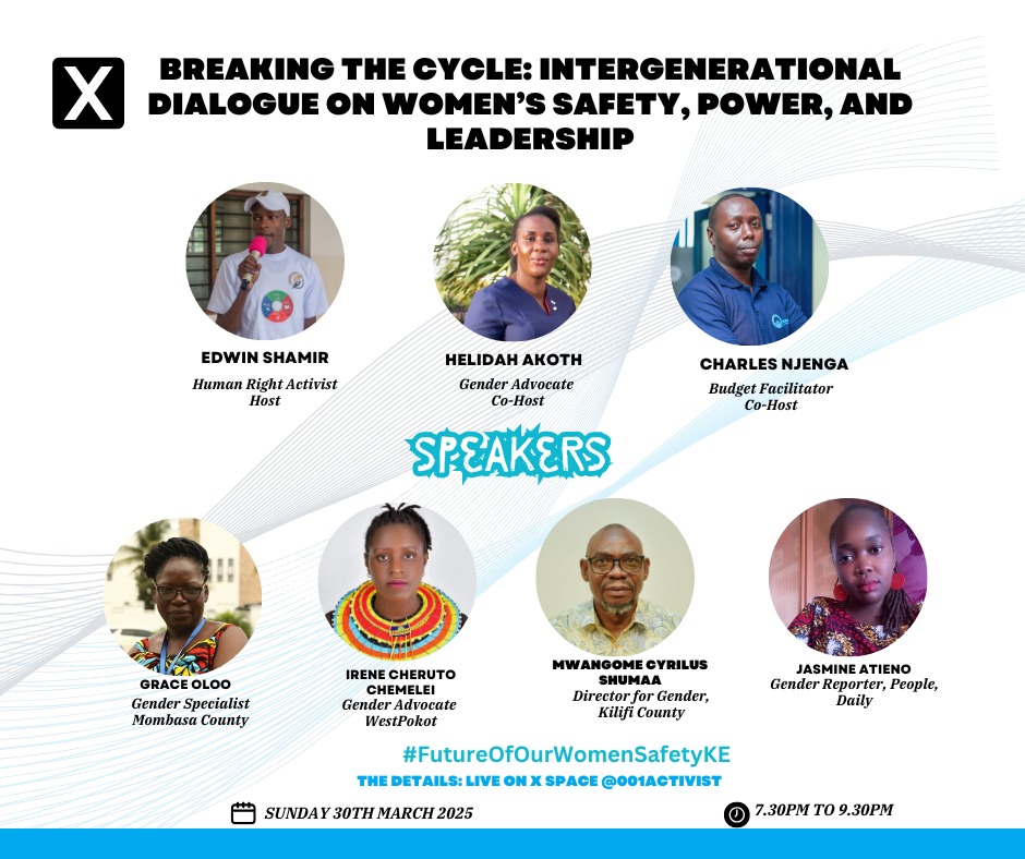 Join our X Space this Sunday, 7:30 PM!

We'll bridge generations of women across Africa and globally to discuss:

Women's safety, power and leadership.
Breaking cycles of violence and exclusion.
Collective action and solutions.

#IntergenerationalDialogue 
<a href="/helidah_akoth/">Atito</a> <a href="/jumaf3/">Juma G 🇰🇪</a>