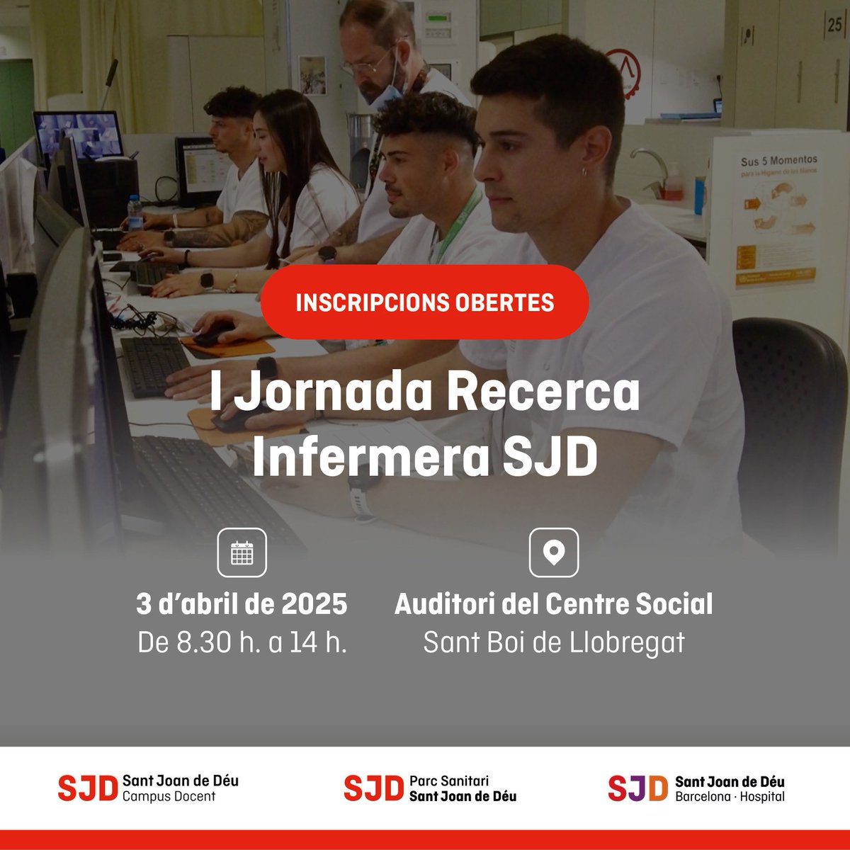 ⏳ Demà és l'últim dia per inscriure’t a la Jornada de Recerca Infermera SJD en format presencial!📍 Ens veiem el 3 d’abril al <a href="/parcsanitarisjd/">Parc Sanitari Sant Joan de Déu</a> . 🔗 Inscripcions obertes: shorturl.at/PXx07