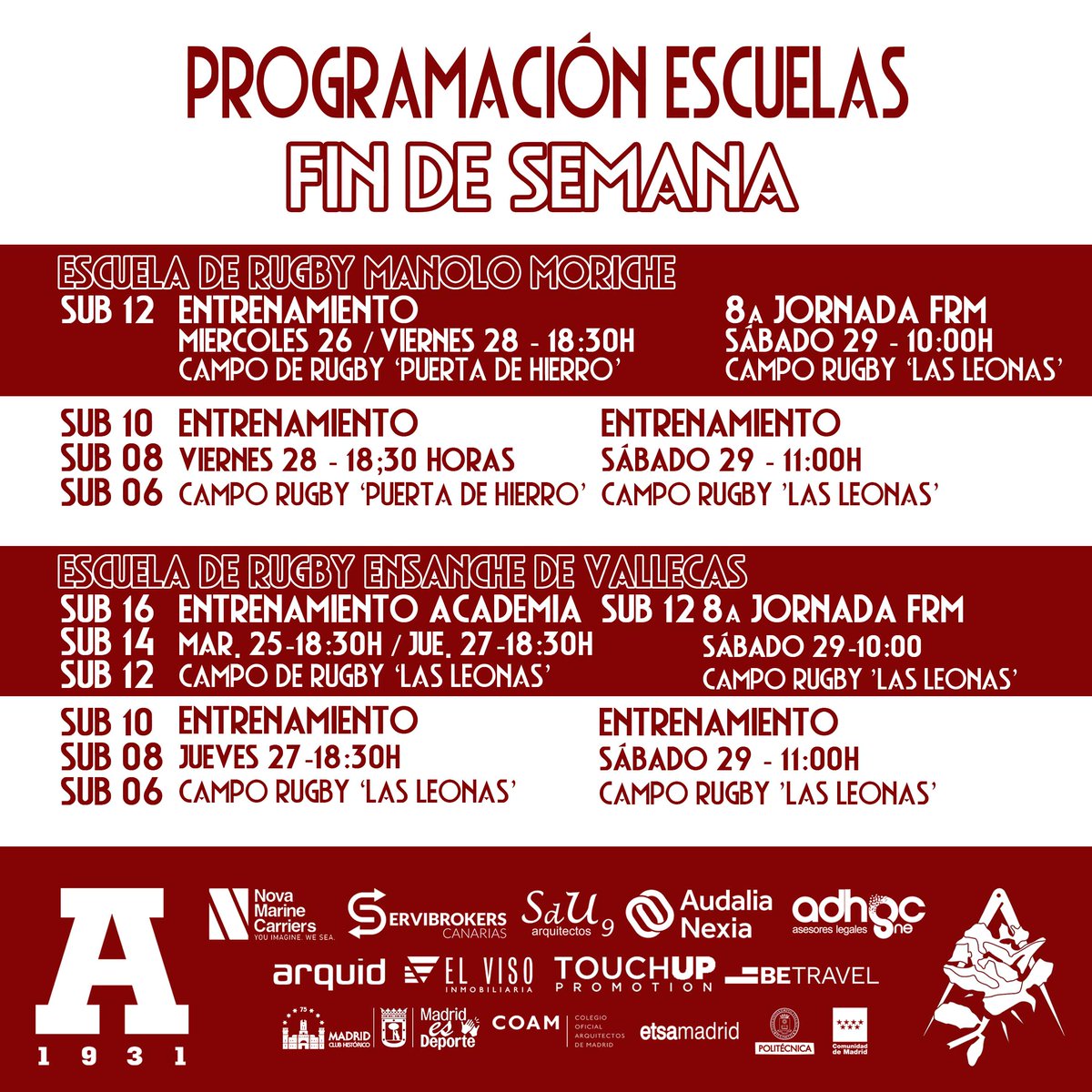 Club Deportivo Arquitectura (@cdarquitectura) on Twitter photo 📢PROGRAMACIÓN FIN DE SEMANA EQUIPOS ACADEMIA Y ESCUELA🏉
¡Aúpa Escuela!🌹
#cda #arquitecturaugby #rugbymadrid #NuestroRugby
<a href="/ferugby/">España Rugby</a>
<a href="/RugbyMadrid/">Federación de Rugby de Madrid</a>
<a href="/ComunidadMadrid/">Comunidad de Madrid</a>
<a href="/MADRID/">Ayuntamiento Madrid</a>
<a href="/JMDvivallecas/">Villa de Vallecas</a>
<a href="/La_UPM/">Universidad Politécnica de Madrid</a>
<a href="/ETSAMadrid/">ETSAM</a>
<a href="/COAMadrid/">COAM</a> 📢PROGRAMACIÓN FIN DE SEMANA EQUIPOS ACADEMIA Y ESCUELA🏉
¡Aúpa Escuela!🌹
#cda #arquitecturaugby #rugbymadrid #NuestroRugby
<a href="/ferugby/">España Rugby</a>
<a href="/RugbyMadrid/">Federación de Rugby de Madrid</a>
<a href="/ComunidadMadrid/">Comunidad de Madrid</a>
<a href="/MADRID/">Ayuntamiento Madrid</a>
<a href="/JMDvivallecas/">Villa de Vallecas</a>
<a href="/La_UPM/">Universidad Politécnica de Madrid</a>
<a href="/ETSAMadrid/">ETSAM</a>
<a href="/COAMadrid/">COAM</a>