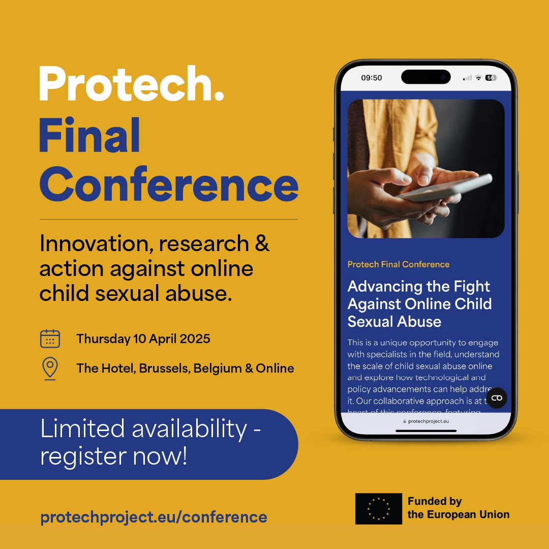 IWFhotline's tweet photo. Every child deserves to be safe online.

We've been working as part of the EU-funded Protech Project, alongside partners across the EU and the UK, to develop and test new ways to prevent and disrupt child sexual abuse online.

On 10 April, we will gather for the Protech Final Conference - a unique opportunity to share our research findings, discuss technological advancements and explore policy solutions with experts from across Europe.

If you work in child protection, tech, policy or law enforcement, this is an event you won’t want to miss.

🚀 Register now to secure your place: https://t.co/7M1RJqZNA9.