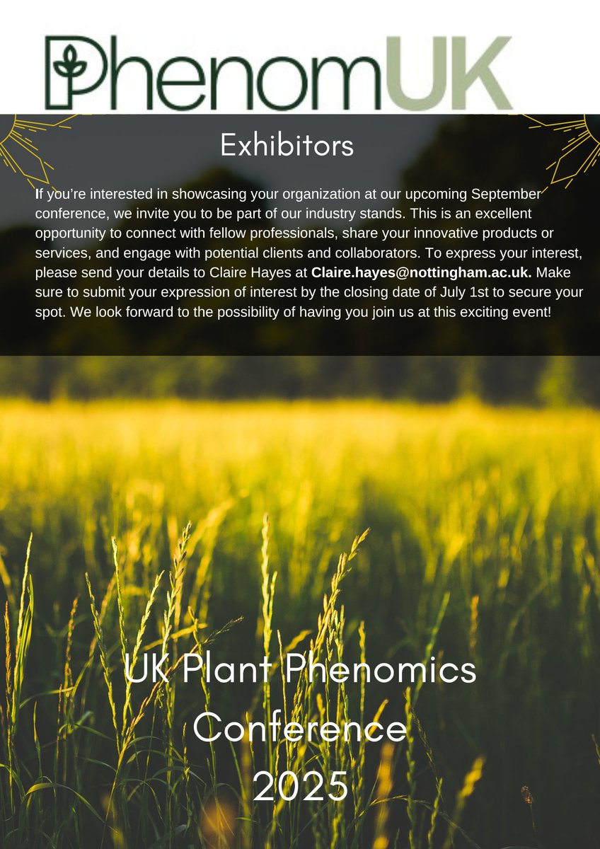 PhenomUK Research Infrastructure (@phenom_uk) on Twitter photo Calling all industry exhibitors!
UK Plant Phenomics Conference is on September 3rd-4th, and we're inviting you to be a part of it and present to showcase your organisation
Send your EOI to claire.hayes@nottingham.ac.uk by July 1st
Registration is open bit.ly/phenomics2025 Calling all industry exhibitors!
UK Plant Phenomics Conference is on September 3rd-4th, and we're inviting you to be a part of it and present to showcase your organisation
Send your EOI to claire.hayes@nottingham.ac.uk by July 1st
Registration is open bit.ly/phenomics2025