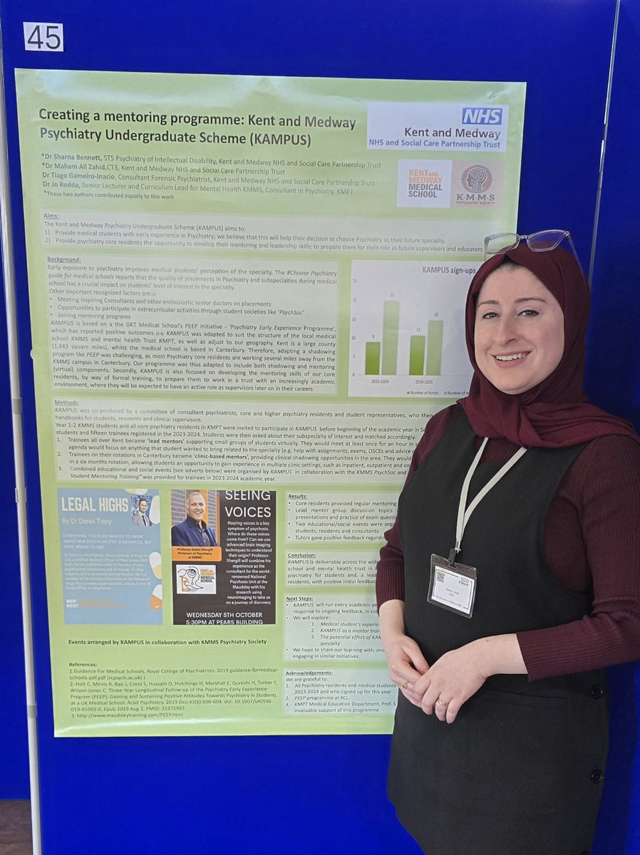 Congratulations to Dr Maham Zahid, CT3 Psychiatry Resident Doctor, who presented a poster on "Creating a mentoring programme: Kent and Medway Psychiatry Undergraduate Scheme (KAMPUS)" at the KSS Resident Annual Conference on 18th March 2025 at the Amex Stadium Brighton. 👏
