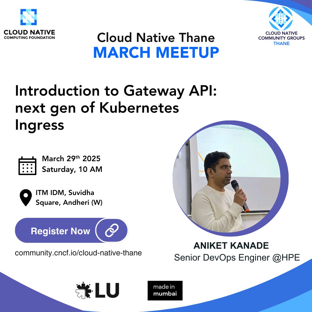 cncfthane's tweet image. 🎉Speaker Announcement

We&apos;d like to welcome Aniket Kanade (@AniketKanade ) as a speaker for our upcoming March Monthly Meetup on 29th Mar!     

📷Topic: Introduction to Gateway API - next gen of Kubernetes Ingress📷

RSVP: community.cncf.io/events/details…

#CNCFThane #CloudNative