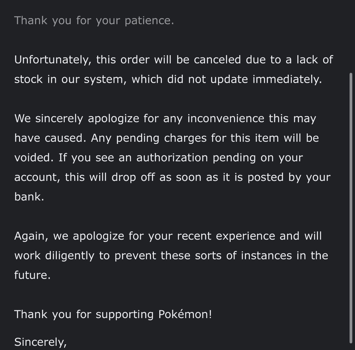 ThatLadPat's tweet photo. @PokemonStockUK just got this email about the pc destined rivals etb, really dissapointed in pokemon center https://t.co/Hf48ebOuxM