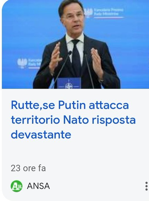 MarcoRCapelli's tweet photo. Rutte:"Se Putin attacca, reagiremo in modo devastante"
Putin non ha mai avuto intenzione di attaccare l'Europa,quindi non la attacca.
Rutte:"Putin non ci ha attaccato.Quindi ha riconosciuto la nostra potenza. Ha paura di noi. La NATO ha vinto."
#NONATO #NORutte #NoWar #Comma22 https://t.co/ovvPodMQ19