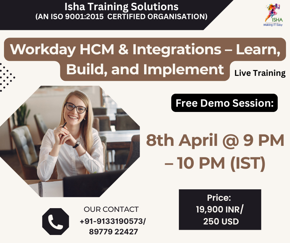 IshaKumargupta's tweet image. &quot;Workday HCM &amp;amp; Integrations–Learn, Build, and Implement&quot;-Live Training .
For Registration
docs.google.com/forms/d/e/1FAI…
call/WhatsApp @ +91-91331 90573
For Course content and other details pls go through the below link
ishatrainingsolutions.org/workday-hcm-in…
#Workday #WorkdayHCM #WorkdayIntegration
