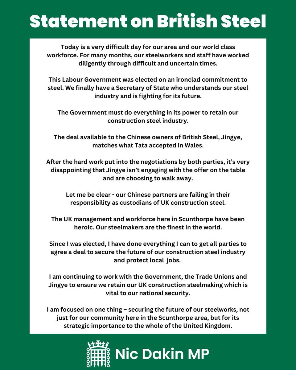 NicDakin55's tweet photo. Today is a really difficult day for steelworkers and their families and the whole of our community. Here is my full statement https://t.co/myt1RO6rXZ