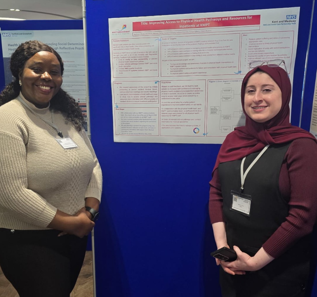 Congratulations to Dr Olubunmi Olure ST5 &amp; Dr Maham Zahid CT3 , who presented a poster on "QIP on improving access to physical health pathways, services, and resources for inpatients in KMPT" at the KSS Resident Annual Conference on 18/3 at the Amex Stadium Brighton. 👏