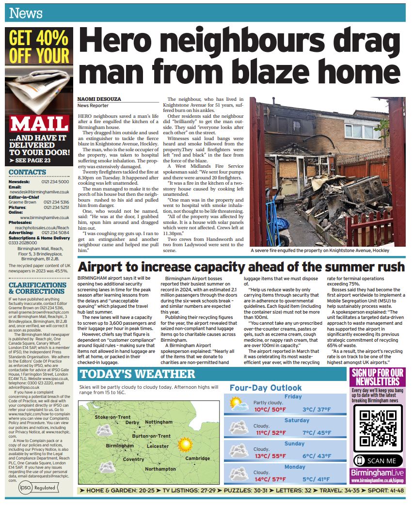 naomi_desouza's tweet image. Met some unbelievable residents at house fire wreckage scene in Birmingham yesterday.
They calmly revealed they ran in and pulled their neighbour out of his burning house. He is now recovering in hospital.
On the Birmingham Mail splash today @birmingham_live
