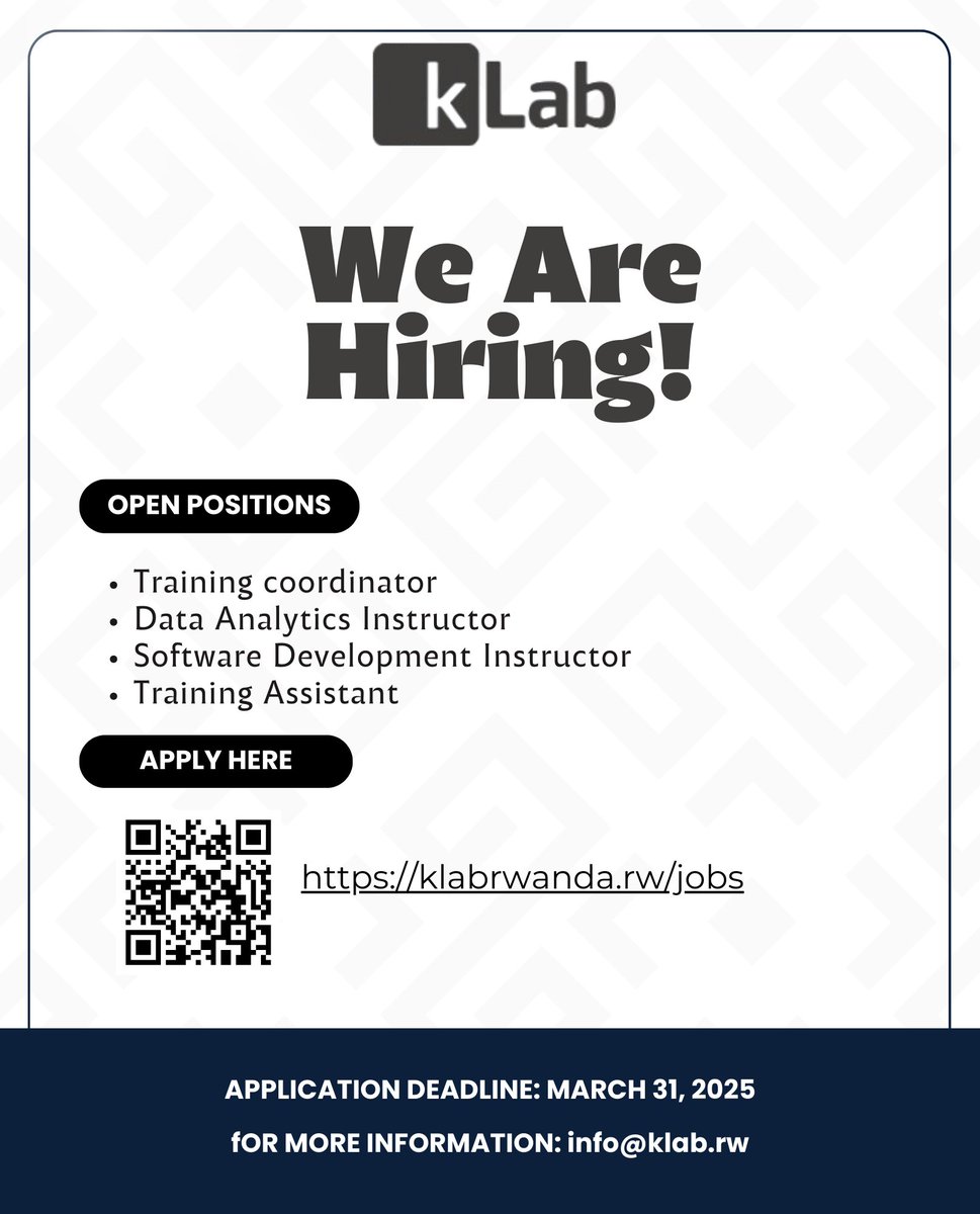 klabrw's tweet image. @kLabrw ,We&apos;re hiring! Join our team and grow your career with us. Check out our open positions on this link and apply now: klabrwanda.rw/jobs

#kLabAlumni #Hiring #Careers #TechCareer