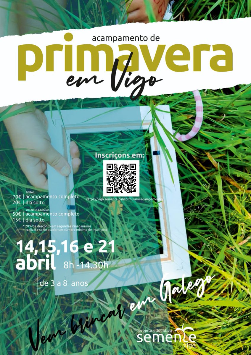 Aberto prazo de inscriçom para o ⛺️Acampamento de Primavera🌸 da Semente Vigo🌱!

ℹ️ Info: atividades.vigo@semente.gal
✅ Desconto para famílias sócias
✅✅ Desconto 20% em segundas (e +) irmãs

#EscolasSemente #Galego #Vigo #Teis