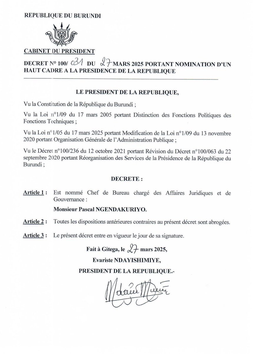 Le Chef de l’Etat, SE @Generalneva, nomme, à la Présidence de la République, un nouveau Chef du Cabinet chargé des Questions de la Police ainsi qu’un nouveau Chef de Bureau chargé des Affaires Juridiques et de Gouvernance.