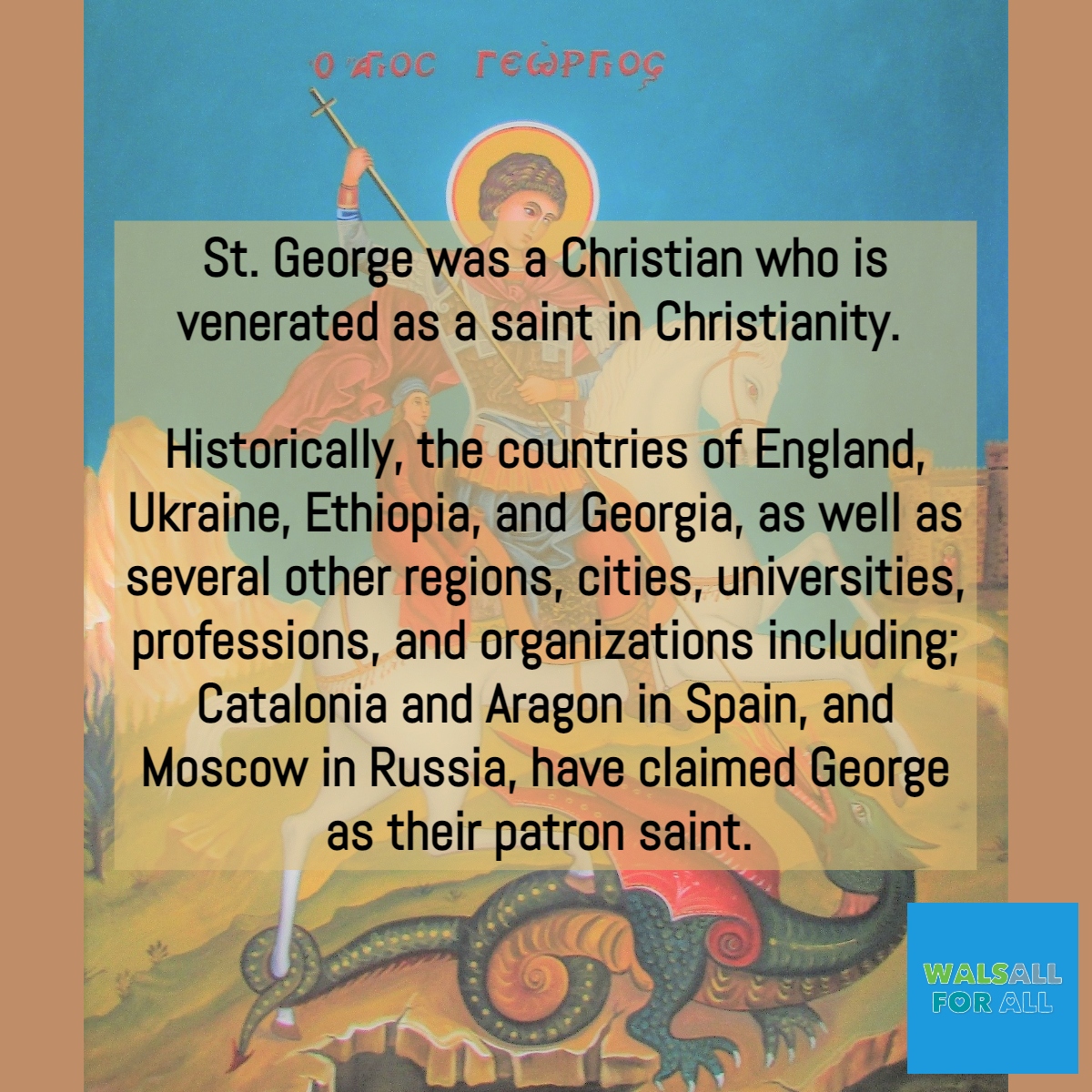 walsallforall's tweet image. Happy St. George's Day to everyone who celebrates #WalsallForAll #StGerogesDay #PatronSaint #Christianity #England #Ukraine #Ethiopia #Georgia #Catalonia #Aragon #LaDiadaDeSantJordi