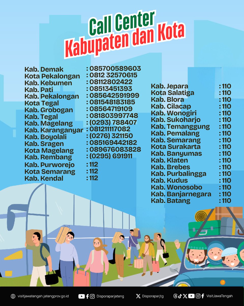 Butuh informasi /ada laporan penting saat mudik &amp; liburan di Jateng?
🚦 Call Center Layanan Informasi &amp; Laporan Masyarakat Jateng siap melayani Sobat!

📞 Nomor Layanan Posko Terpadu Lebaran Provinsi Jawa Tengah: 0811-2790-123
#Mudik2025 #LebaranAsik #InfoMudik #NgopeniNgelakoni