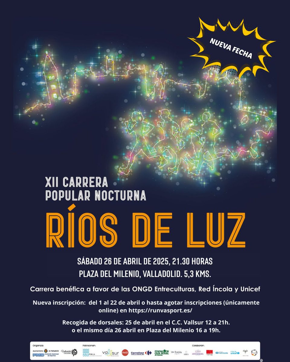 🚨‼️SAVE THE DATE‼️

Ya tenemos nueva fecha para 'Ríos de Luz', 26 de abril a las 21.30h.

Reabrimos inscripciones para los que no pudisteis apuntaros, hasta un máximo de 500.

Nueva inscripción: Del 1 al 22 de abril o agotar inscripciones. (Sólo online)👇
inscripciones.runvasport.es/inscripcion/xi…