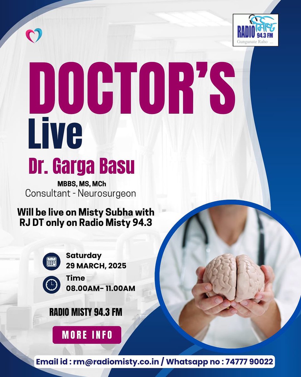 radiomisty943's tweet image. DR. Garga Basu ( Neurosurgeon ) will be live on Misty Subha with RJ DT on Radio Misty 94.3 fm this Saturday , 8 am onwards.

#doctorslive #doctorsession #acupressurist #radiomisty