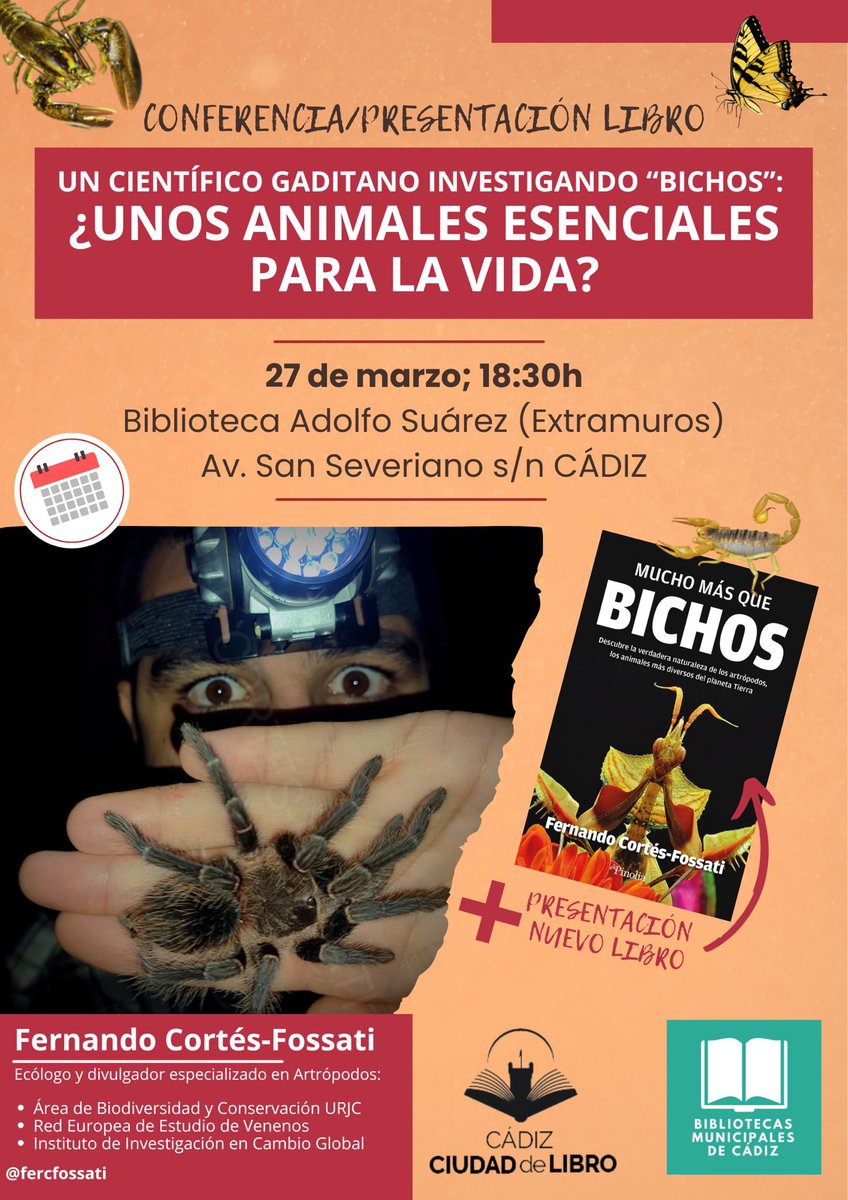 ¿Sabías que los “bichos” son esenciales para la vida? El ecólogo Fernando Cortés-Fossati lo demuestra en su libro “Mucho más que bichos”. Te lo cuenta el 27 de marzo a las 18:30h en la Biblioteca Adolfo Suárez (Cádiz). ¡No faltes, es hoy! 👇