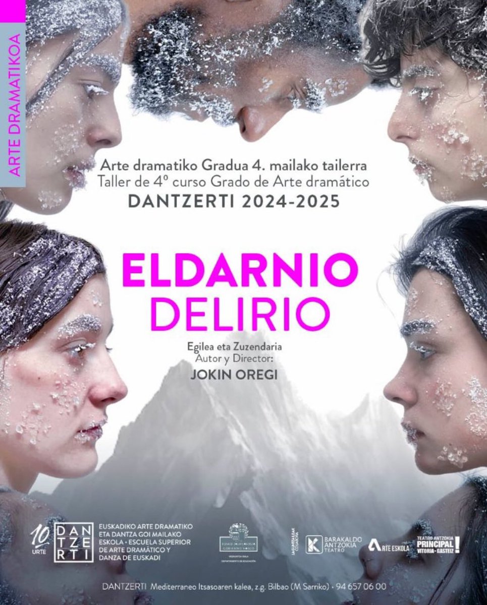 ⚠️ Arte Dramatikoko 4. mailako ikasleek beren Gradu amaierako lana aurkeztuko dute laster: 

❄️ ELDARNIO/ DELIRIO ❄️

🗓️ Apirilaren 9an eta 10an izango da, Azkuna Zentroa Alhondiga Bilbaon, 19.00etan.

🎟️ Sarrerak doan azkunazentroa.eus/es/actividad/d…