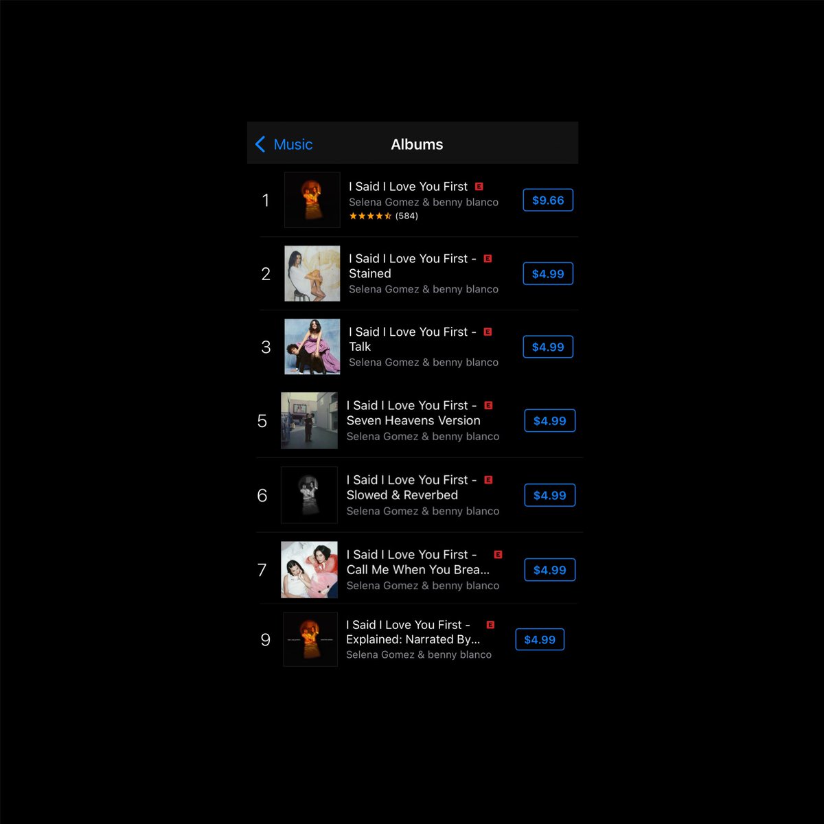 GomezAnalytics's tweet photo. .@SelenaGomez becomes the first artist this year to occupy 7 positions in the Top 10 of iTunes US albums.

— All the versions of “I Said I Love You First” are in the Top 10 of the chart currently. https://t.co/rk05zWOTeV