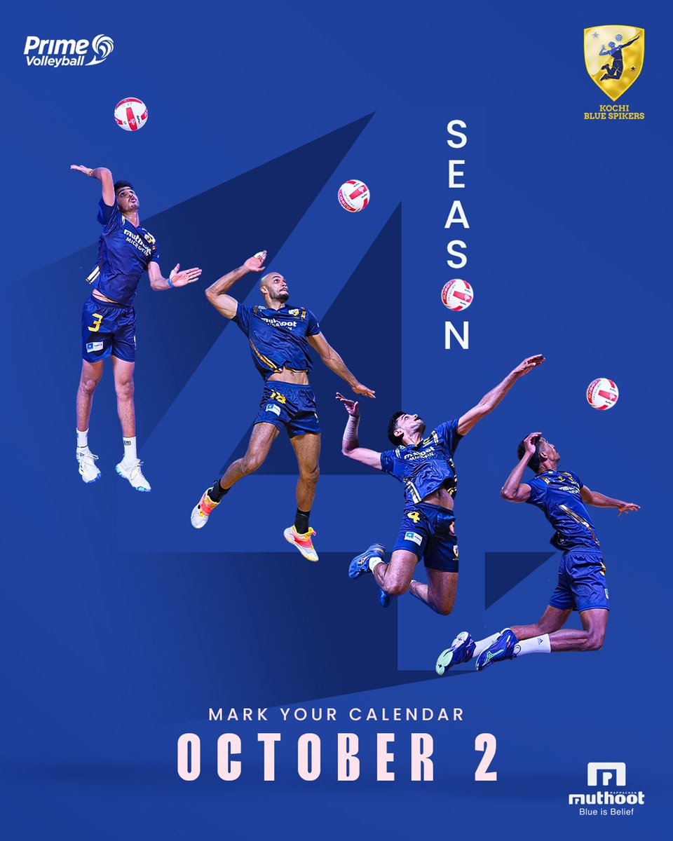 The wait is over, and the stage is set! 
Prime Volleyball League Season 4 starts on October 2nd. Stay tuned!

#PrimeVolleyball
#Season4

#KochiBlueSpikers #KochiKaraney #KBS #Bluerises #MuthootBlue #BlueIsBelief #Kochi #BlueNGold #Volleyball #VolleyLove #VolleyLife.