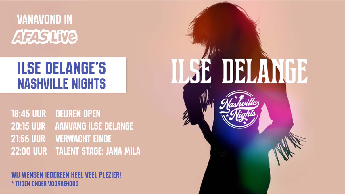 Vanavond vindt het unieke concert van <a href="/IlseDeLange/">Ilse DeLange</a>, genaamd Nashville Nights, plaats in #AFASLive! Ben jij erbij tijdens deze speciale avond? Het tijdschema vind je hieronder: