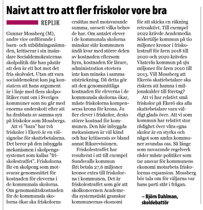 Gav en replik på insändare i lokaltidningen.
