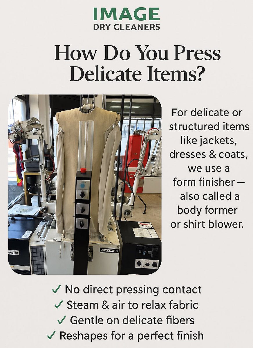 Delicate garments need expert care — not a hot iron!

We use a form finisher to gently reshape &amp; finish jackets, coats &amp; dresses with steam &amp; air, no direct pressure.

Preserve your style — trust the pros at IMAGE Dry Cleaners.

#GarmentCare #DryCleaning #NorthLondon