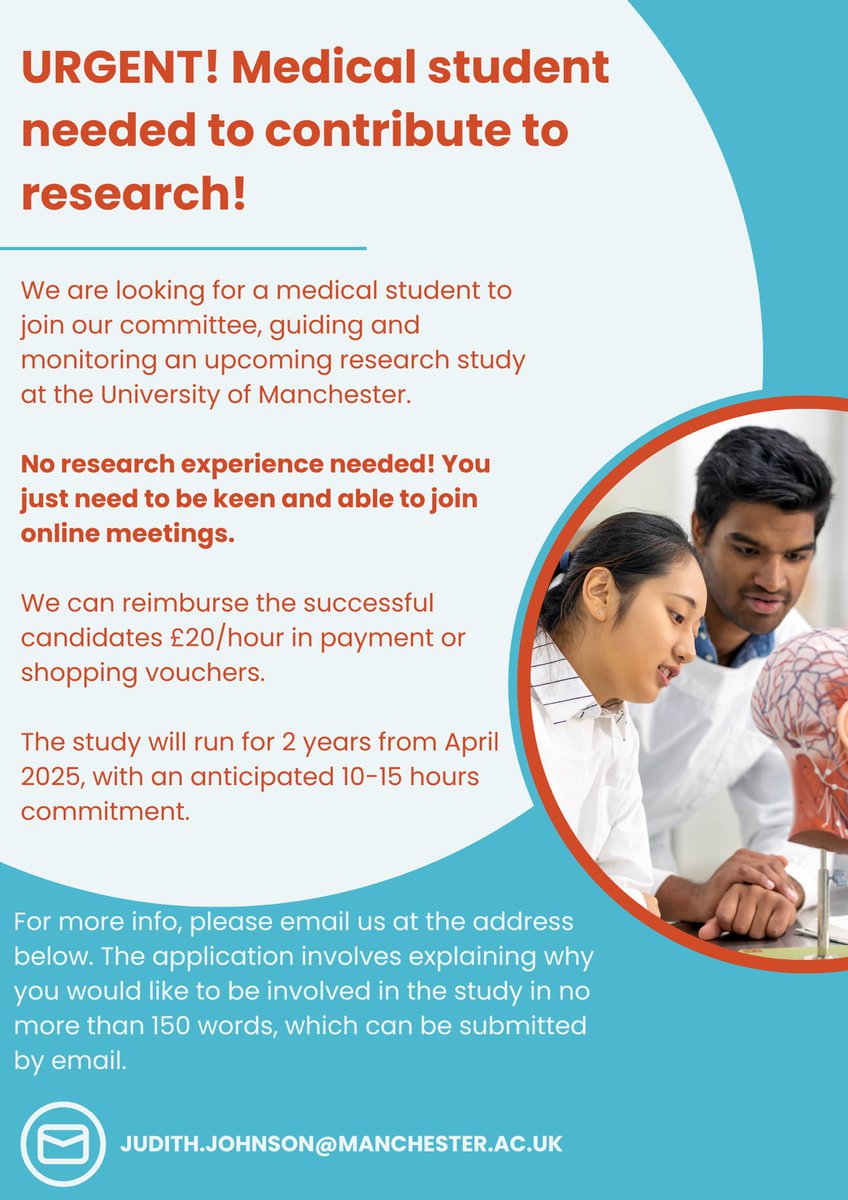 Judith Johnson (@drjtjohnson) on Twitter photo URGENT! We are looking for a UK medical student to join our research committee. No research experience needed, just an interest in the topic & a willingness to join online meetings. Get in touch with queries.
Please share! 🙏
<a href="/DrWilliamLea/">William Lea</a> <a href="/chrisdjtaylor/">Dr Chris DJ Taylor</a> <a href="/DrDaliaTsimpida/">𝗗𝗿 𝗗𝗮𝗹𝗶𝗮 𝗧𝘀𝗶𝗺𝗽𝗶𝗱𝗮👂</a> #MedEd URGENT! We are looking for a UK medical student to join our research committee. No research experience needed, just an interest in the topic & a willingness to join online meetings. Get in touch with queries.
Please share! 🙏
<a href="/DrWilliamLea/">William Lea</a> <a href="/chrisdjtaylor/">Dr Chris DJ Taylor</a> <a href="/DrDaliaTsimpida/">𝗗𝗿 𝗗𝗮𝗹𝗶𝗮 𝗧𝘀𝗶𝗺𝗽𝗶𝗱𝗮👂</a> #MedEd
