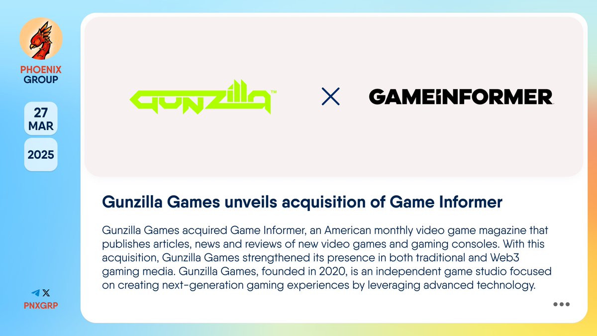 💰 @GunzillaGames unveils acquisition of @GameInformer #GunzillaGames  acquired #GameInformer, an American monthly video game magazine that  publishes articles, news and reviews of new video games and gaming  consoles. With this acquisition, Gunzilla