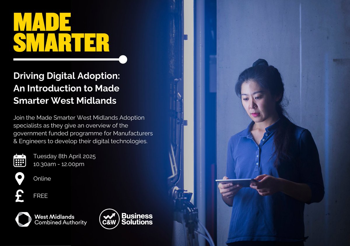MadeSmarterWM's tweet image. Join us on 8th April 2025 for a FREE online event! Learn how digital tech, automation & AI can boost productivity, cut costs & future-proof your manufacturing SME.
Book nowπ ow.ly/Wskw50Vp4oh
@WestMids_CA @BizGrowthWM @wmgwarwick @the_MTC_org @MakeUK_ @MadeSmarterUK