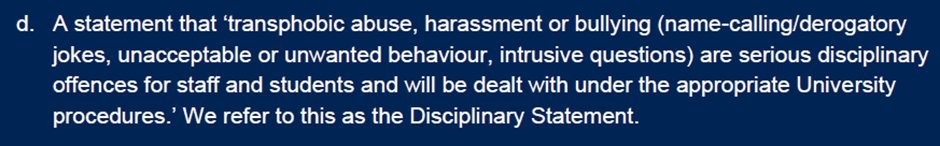 The <a href="/officestudents/">The Office for Students (OfS)</a> has found this element of <a href="/SussexUni/">University of Sussex</a> disciplinary procedures to be in breach of the OfS’s public interest governance principle of free speech.

Other Universities would be wise to look carefully at any similar policies of their own.
…