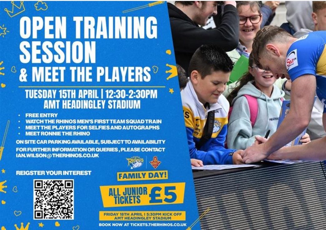 Dixons Trinity Chapeltown (@dixonstc) on Twitter photo 💛🦏 Leeds Rhinos🦏💙
🦏OPEN TRAINING SESSION
💙Tuesday 15th April
💛12:30-2:30pm
💙AMT Headingly Stadium
💛Free entry
🦏FAMILY DAY
💙Friday 18th April
💛5:30pm kick off
💙Junior tickets £5
#DixonsTrinityChapeltown #HardWork #Trust #Fairness <a href="/leedsrhinos/">Leeds Rhinos</a> 💛🦏 Leeds Rhinos🦏💙
🦏OPEN TRAINING SESSION
💙Tuesday 15th April
💛12:30-2:30pm
💙AMT Headingly Stadium
💛Free entry
🦏FAMILY DAY
💙Friday 18th April
💛5:30pm kick off
💙Junior tickets £5
#DixonsTrinityChapeltown #HardWork #Trust #Fairness <a href="/leedsrhinos/">Leeds Rhinos</a>