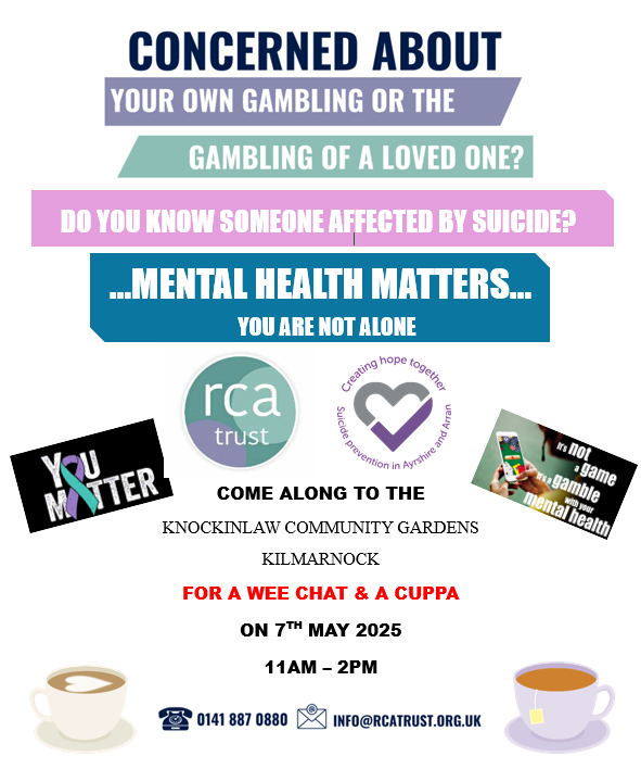 Are you worried about your gambling habits or have concerns about a loved one?  

Do you know someone affected by suicide?  

Join <a href="/RcaTrust/">RCA Trust</a> at Knockinlaw Community Gardens on Wednesday 7 May for a chat, a cuppa and nonjudgmental advice in a friendly environment. ☕👩🏻🧔🏽

11am-2pm