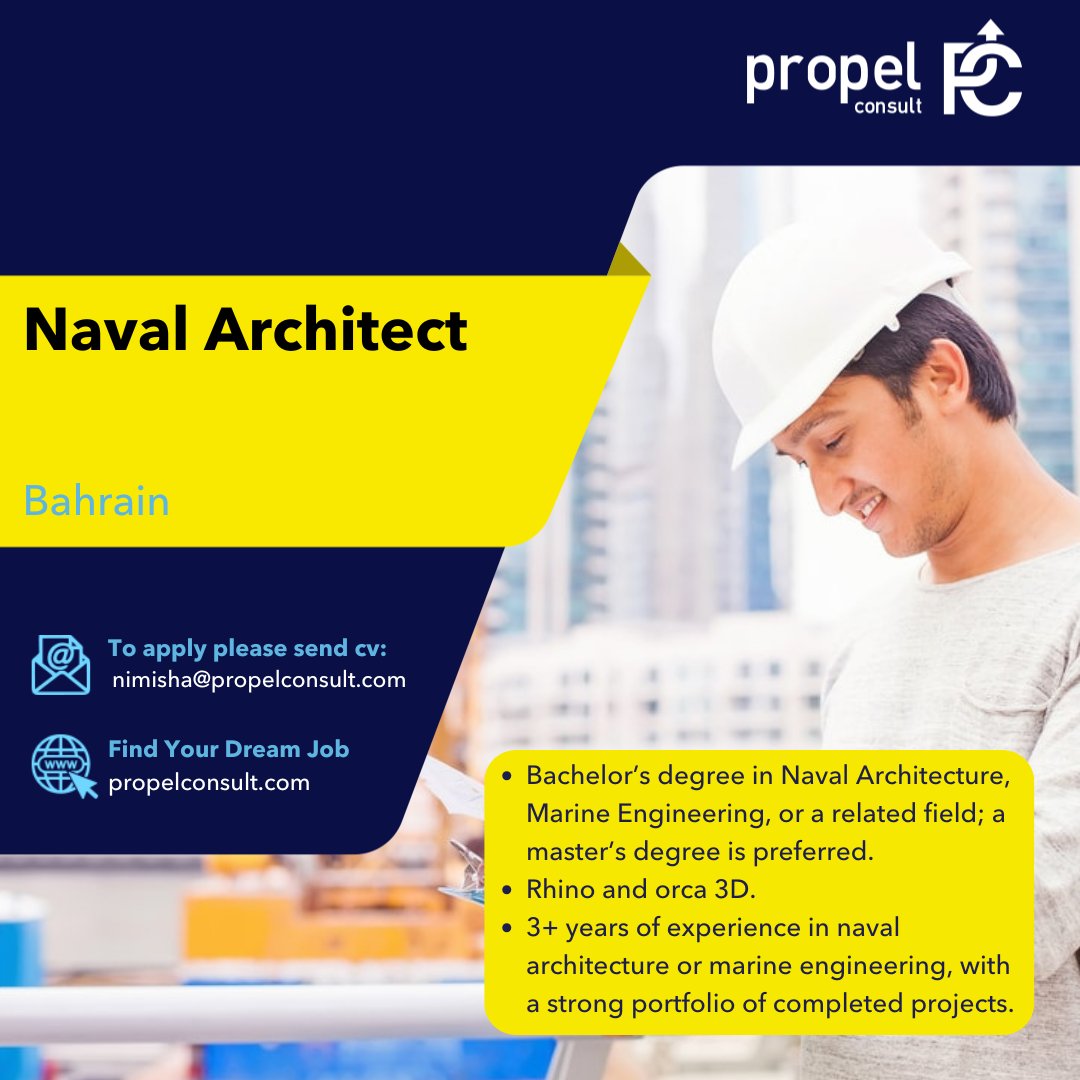 PropelConsult's tweet photo. Job Opening: Naval Architect in Bahrain.

If you're interested in this opportunity, please send your updated resume to nimisha@propelconsult.com

#jobs #hiring #bahrain #bahrainjobs #propel #propeljobs https://t.co/6k8Kd2aJCR