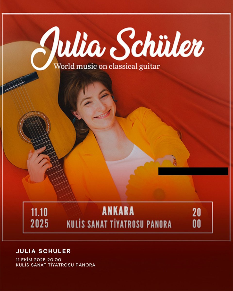 Julia Schüler, "Klasik Gitarla Dünya Müziği" programıyla 11 Ekim’de Kulis Sanat Tiyatrosu Panora’da! 🎶

Bu konser kaçmaz diyorsan Mobilet’te yerin hazır! 🎫

<a href="/kinayproduction/">KINAY</a>

#Mobilet #Müzik #Konser #AnkaraEtkinlik #AnkaraKonser #JuliaSchüler

mobilet.com/tr/event/julia…
