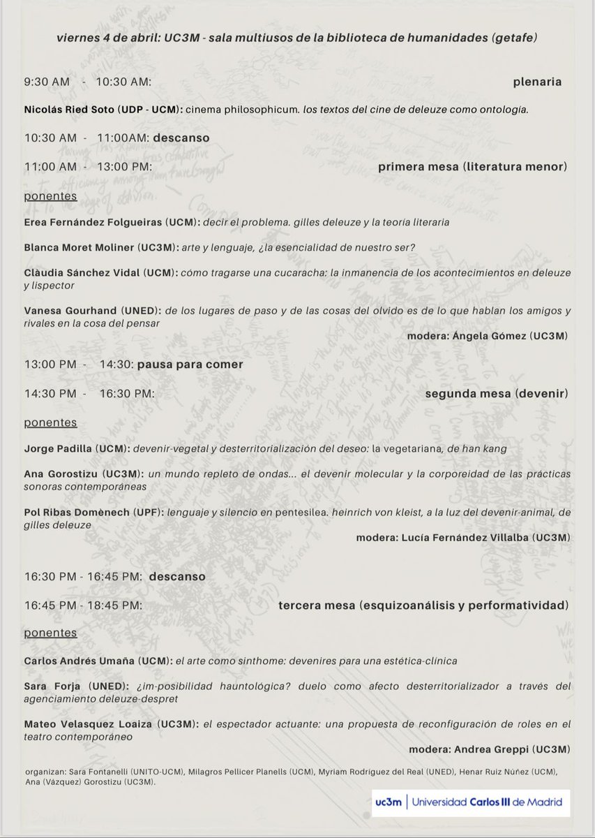 Desterritorializaciones estéticas
Congreso Internacional de Estética Deleuziana

🗓 2, 3 y 4 de abril

Toda la información, aquí 👇🏻👇🏻👇🏻