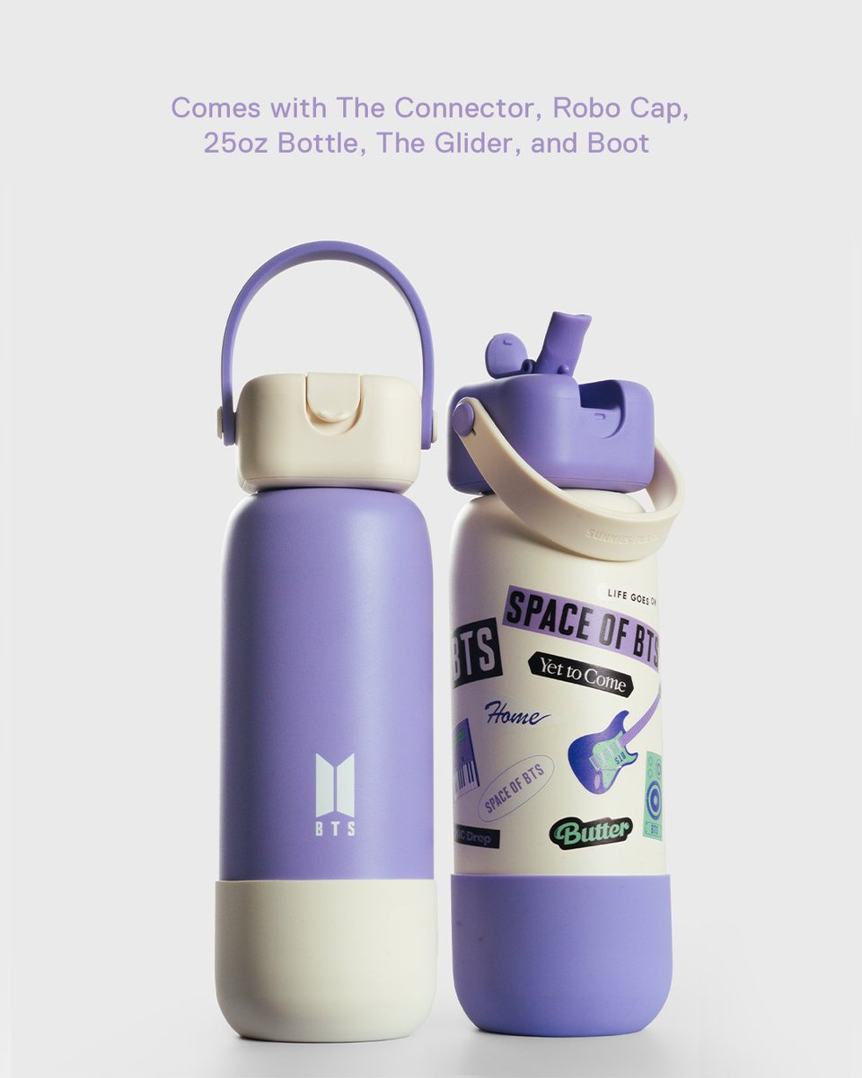sunniesflask's tweet photo. The limited-edition Space of BTS Robo Flasks in purple and white have arrived 🟣⚪️​
​
 ✨ Comes with The Connector, Robo Cap, 25oz Bottle, The Glider, and Boot
✨ Free photocard holder keychain and sticker pack with every purchase https://t.co/0mqCDD5bRQ