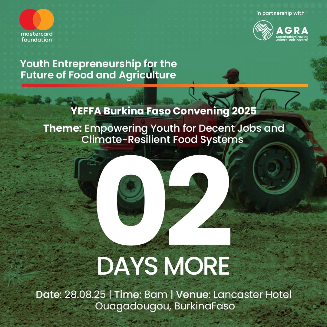 Tous les chemins mènent à l'hôtel Lancaster pour la réunion YEFFA Burkina Faso 2025. Préparez-vous à acquérir des compétences, des contacts et des opportunités pour transformer le secteur agricole burkinabé. À bientôt

Register: shorturl.at/VBt0x

#AGRAYouthVoices #YEFFA