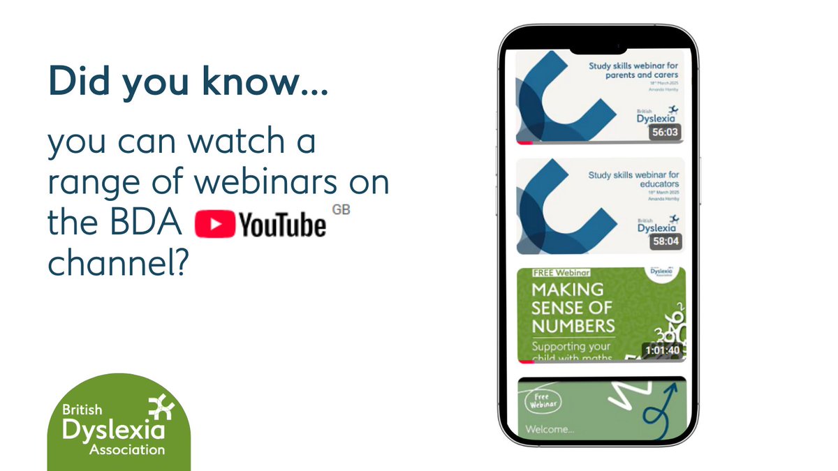 BDAdyslexia's tweet image. Did you know we offer a variety of recorded webinars on a wide range of topics, all available to watch for free on our YouTube channel. Watch here: bit.ly/43Yo3a3

#Dyslexia #FreeWebinars #DyslexiaSupport #DyslexiaAwareness